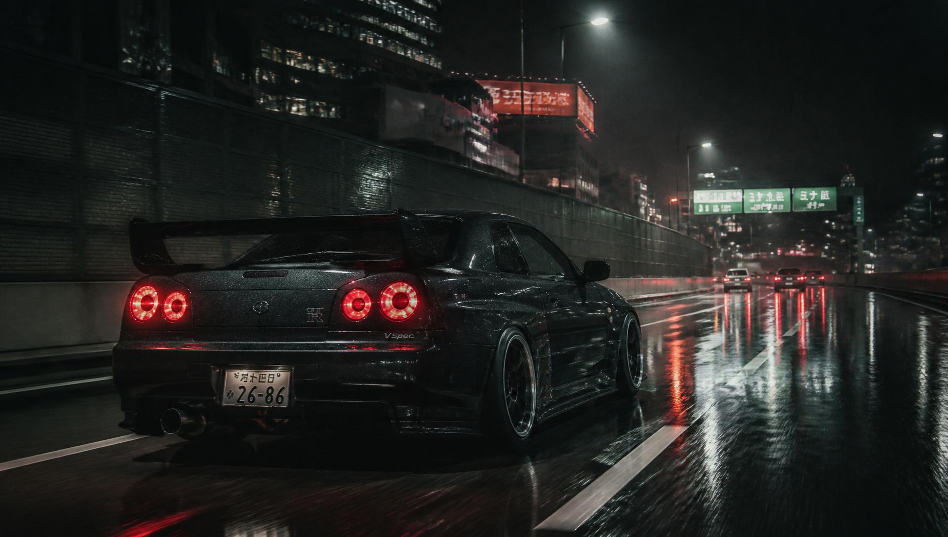Modified Japanese sports car on a rainy Tokyo expressway at night
